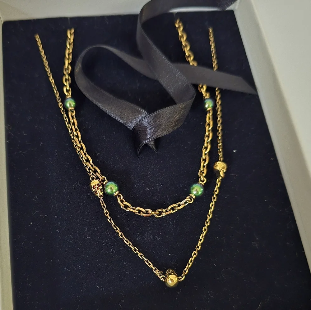 Alexander McQueen Layered Skull Beads Necklace Bronze Green - Picture 2 of 9